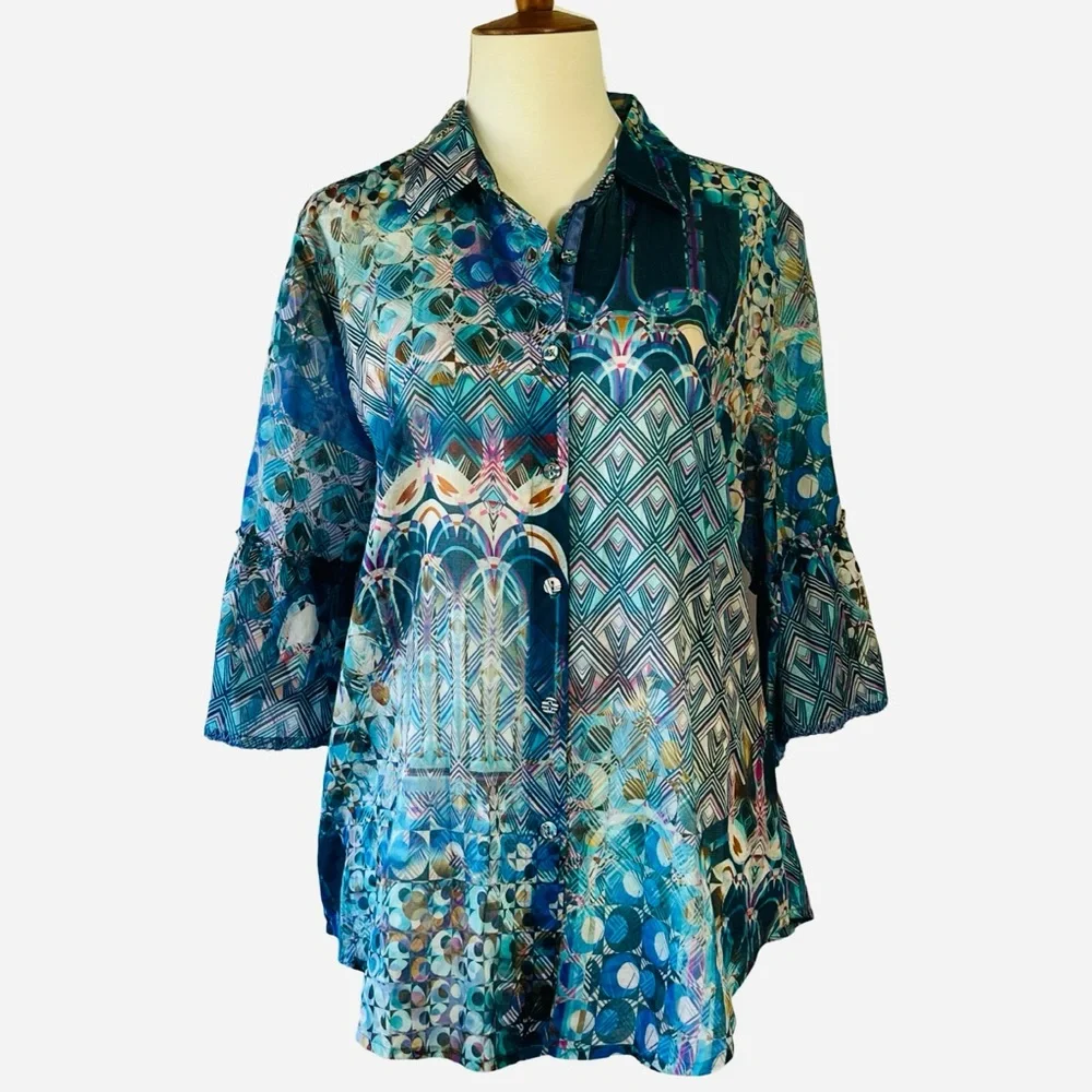 Johnny Was Button Down Boho Bell Sleeve Top - Picture 1 of 13